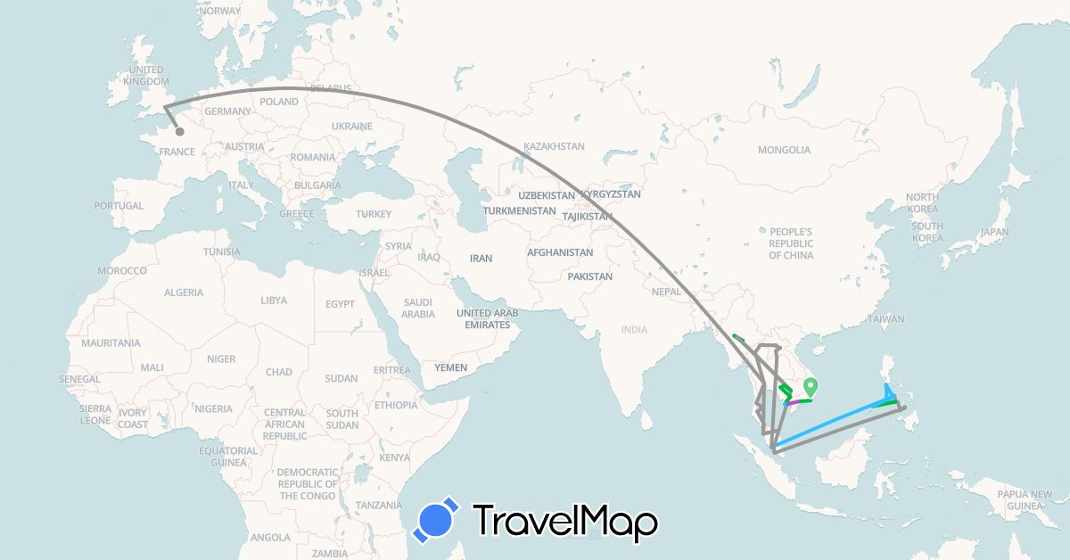 TravelMap itinerary: driving, bus, plane, train, hiking, boat in France, United Kingdom, Cambodia, Laos, Myanmar (Burma), Malaysia, Philippines, Thailand, Vietnam (Asia, Europe)